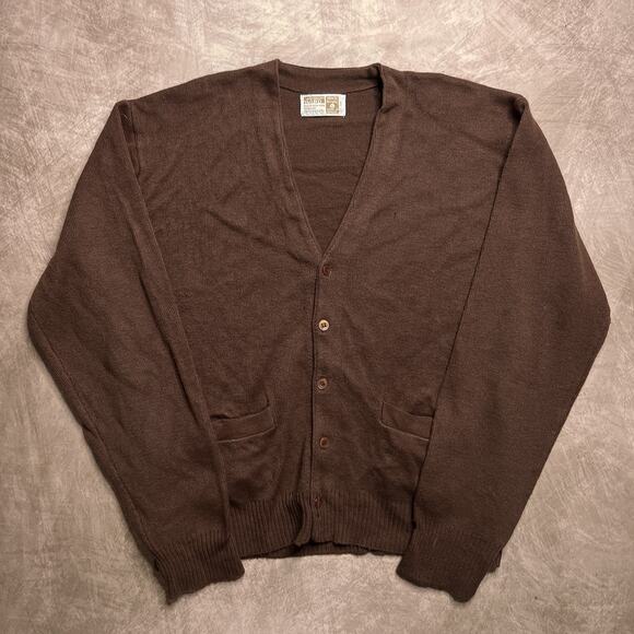 Vintage 70s Montgomery Ward Cardigan Sweater Tight Knit Brown Men's XL Preppy - Picture 1 of 5